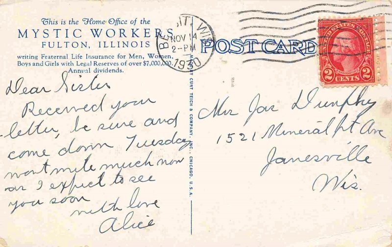 Mystic Workers Fraternal Insurance Home Office Fulton Illinois 1930 postcard