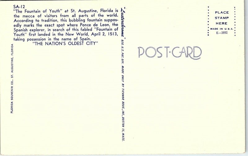 Vintage St. Augustine Florida Fountain of Youth Ponce de Leon Postcard 7-93 