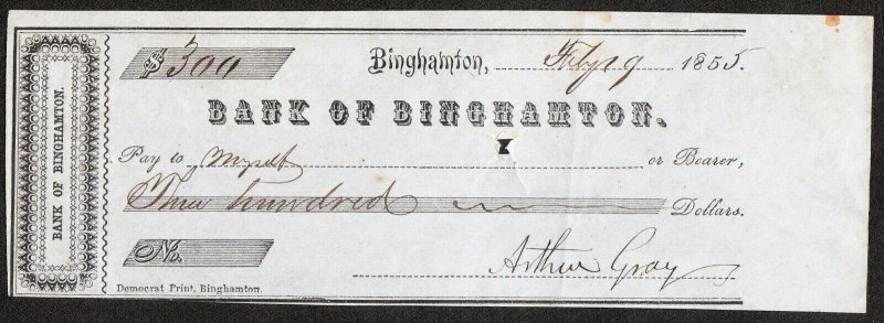 Bank of Binghamton – Binghamton NY – Signed “Arthur Gray” – 1855