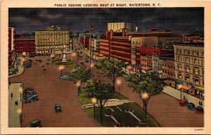 Postcard New York Watertown Public Square Looking West at Night LINEN 1940s V130