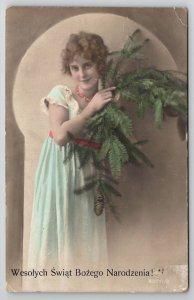 RPPC Pretty Young Lady With Evergreen And Pine Cone Branches Photo Postcard Y25