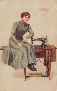 Free Sewing Machine Company Woman On Sewing Machine Lithograph Vintage PC U4894