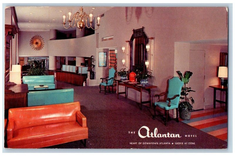 Atlanta Georgia GA Postcard The Atlantan Hotel Lobby Interior c1960's Vintage