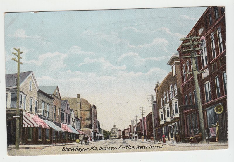 P2035 old postcard horse wagon water street business section skowhegan maine