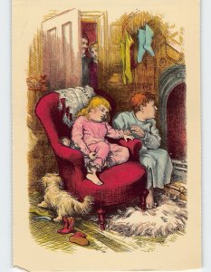 Postcard Children waiting with Parents Art Print, Christmas Greeting Card