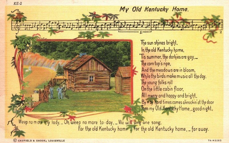 Vintage Postcard My Old Kentucky Home Song Lyrics Log Cabin Roadway Scene KY