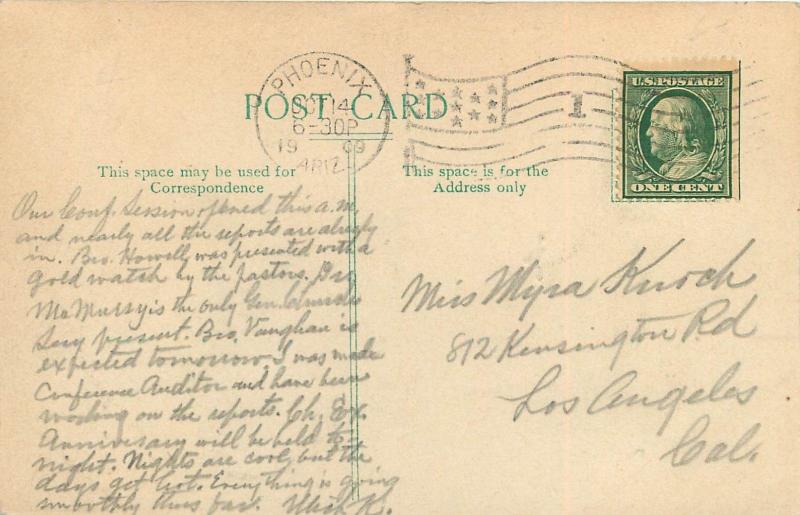 1909 Phoenix Territorial Postmark. Central Methodist Church Handcolored Postcard