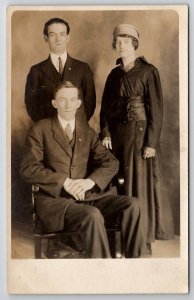 RPPC Family Photo Two Young Men And Lovely Lady c1910 Studio Postcard K23