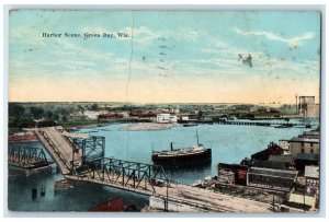1947 Aerial View Harbor Scene Steamer Ship Bridge Green Bay Wisconsin Postcard