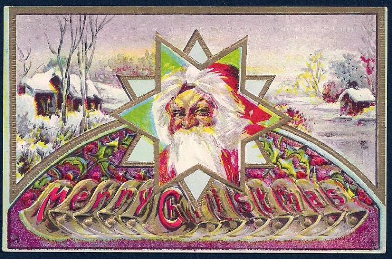 Merry Christmas Santa Claus & Snow Scene used c1910