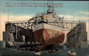 US Navy Battleship USS Illinois in Dry Dock New Orleans LA c1910 Postcard