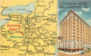 Lycoming Hotel Williamsport Pennsylvania map Postcard Whitman linen 20-11570