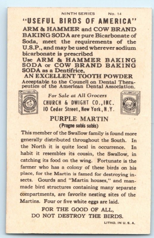 c1930s Purple Martin Bird Cow Baking Soda Trade Card 9th #14 Church Dwight C10