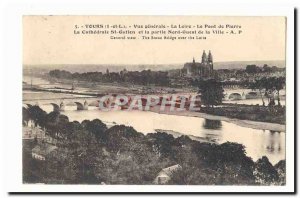 Tours Old Postcard General view Loire The Stone Bridge