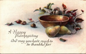 Postcard Thanksgiving Bowl Pears Autumn Leaves