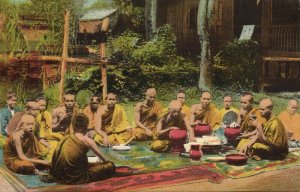 burma, Buddhist Monks at Dinner (1910s) Italian Mission Postcard