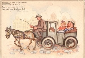 Horse pulling old carriage with couple Humorous  vintage Dutch PC. Cont. size