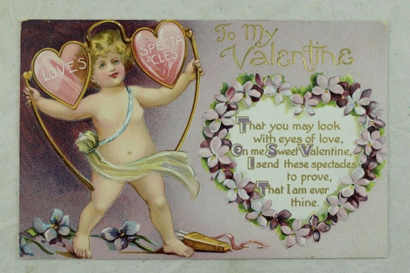 C.1910  Valentine, Heart Shaped Eye Glasses, Vintage Postcard P96