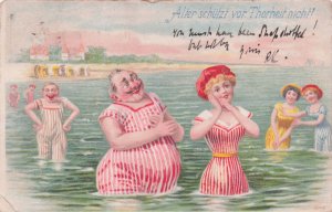Belgium Transvestite Bathing Seaside Antique Comic Postcard