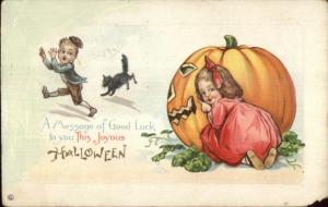 Halloween - Little Girl Hides Behind JOL Cat Chases Boy DAMAGED Postcard