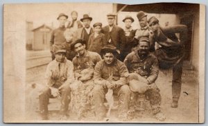 c1908 RPPC Real Photo Postcard Men Slaughterhouse Chickens trimmed across top