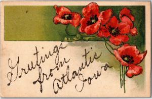 Greetings from Atlantic Iowa Vintage Floral Poppies Postcard N17