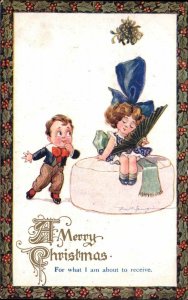 Fred Spurgin Christmas Little Boy Girl Under Mistletoe c1910 Vintage Postcard