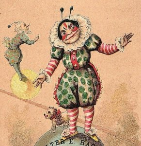 1870s Trade Victorian Card Dressed Bugs Clown Dog Balancing Ball W Hague Pgh PA 