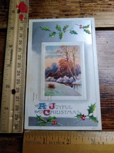 Postcard - A Joyful Christmas with Mistletoe Snow Scene Embossed Art Print