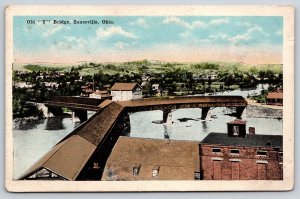 Zanesville Ohio~Old Y Covered Bridge Birds Eye View~Muskingum River~1920s PC