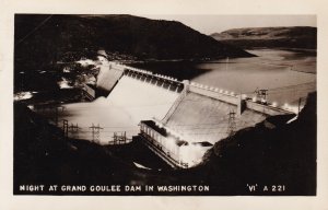 Washington Grand Coulee Dam At Night 1952 Real Photo