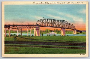 St Joseph Missouri~View Of Free Bridge Over River~PM 1947~Vintage Linen Postcard