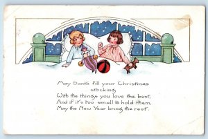 Christmas Postcard Children On Bed With Toys Embossed Westport New York NY c1910
