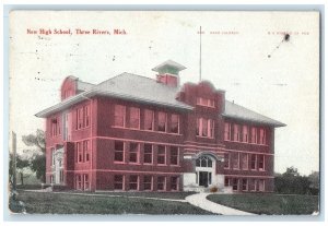 1908 Three Rivers Michigan MI New High School Campus Building Entrance Postcard