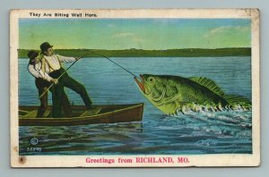 They are Biting Big Fish Fishing Comical Richland MO Missouri Postcard