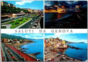 1950's Saluti da Genova Italy Street View Beaches Harbor Posted Postcard