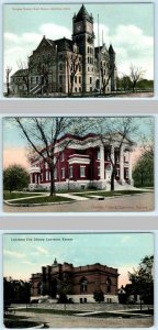 3 Postcards LAWRENCE, Kansas KS ~ COURT HOUSE, Christian Church, Library 1910s