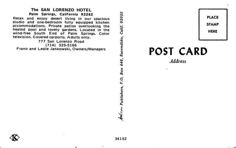 Ames Publishers PALM SPRINGS CALIFORNIA San Lorenzo Hotel Pool postcard 3756