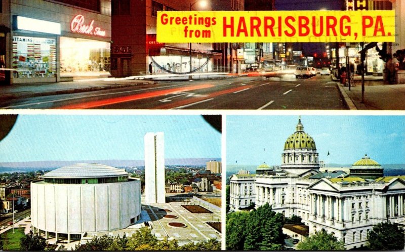 Pennsylvania Harrisburg Greetings Showing Night Street View State Capitol & M...