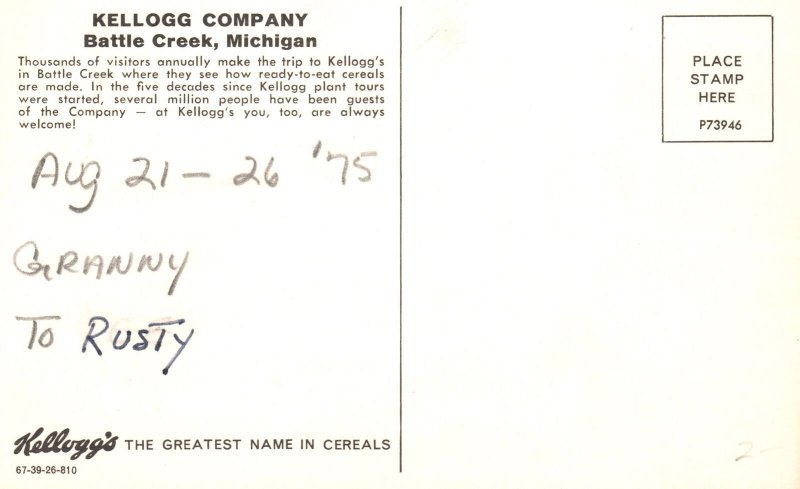 Vintage Postcard Kellogg Company Building Cereal Maker Battle Creek Michigan MI 