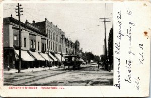 Postcard IL Rockford Seventh Street Streetcar Shops Buggy Street-View 1905 K16