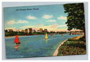 Vintage 1940's Postcard Sailboats on Diversey Harbor Skyline of Chicago Illinois