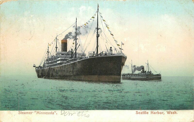 Washington Seattle Harbor Steamer Minnesota Puget Sound 1907 Postcard 22-3161