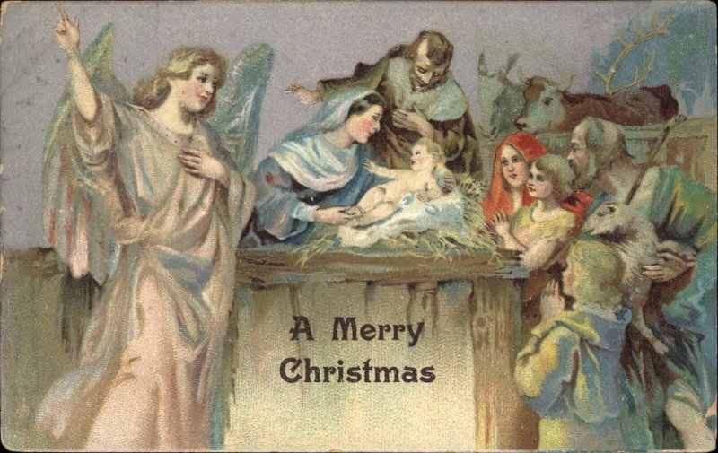 Christmas Nativity Baby Jesus Joseph and Mary Angels c1910 Vintage Postcard