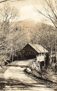 Franconia NH Covered Bridge Mt Liberty on Bus Road Real Photo Postcard