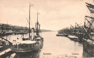 Vintage Postcard Bremen Freihafen Boats & Ships Harbor Fleet Germany