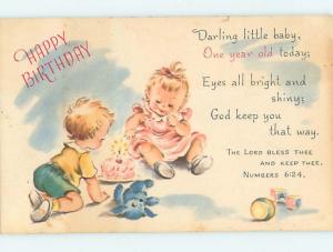 1950's NUMBERS BIBLE QUOTE & GIRL AND BOY WITH LITTLE BIRTHDAY CAKE HJ4650