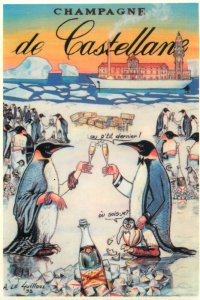 Humorous penguins toasting champagne de Castellane advertising poster postcard