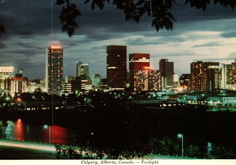 VINTAGE CONTINENTAL SIZE POSTCARD CALGARY ALBERTA CANADA  TWILIGHT