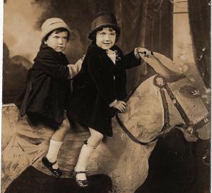 1927 RPPC Brother & Sister Rucker on Wooden Donkey Jackass Real Photo Postcard